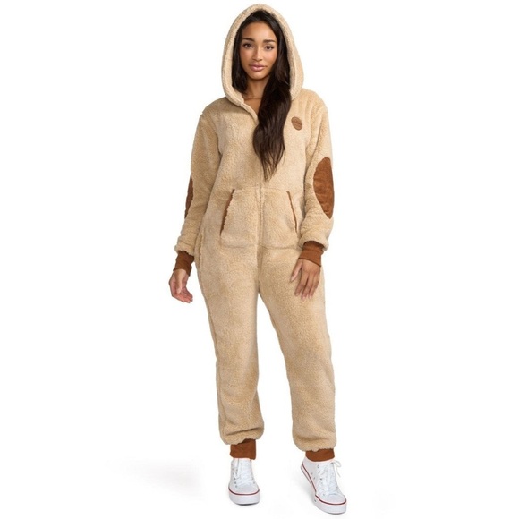 Tipsy Elves Tan Sherpa Hooded Cozy Jumpsuit - Picture 1 of 11